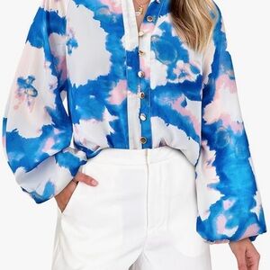 MASCOMODA Floral Print Button Down Blouse – Women’s Size Small, Blue, NWT